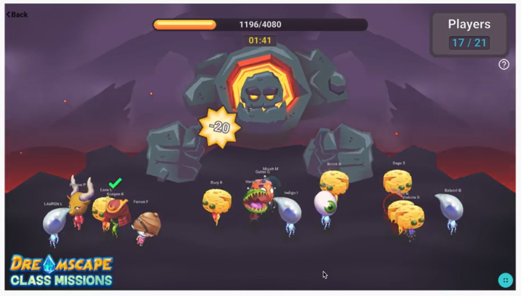 Dreamscape's class missions - student's avatars battling a giant rock monster.